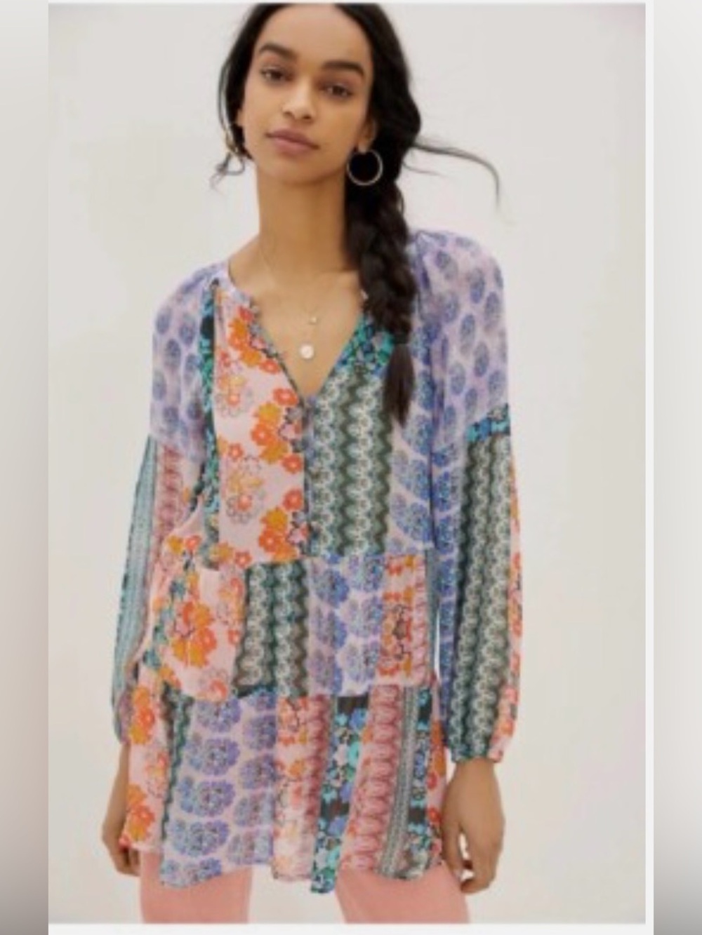 Anthropologie Maureen Patchwork Floral Babydoll Tunic Blouse Size Large Flowy